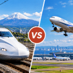 Japan Shinkansen bullet train with Mount Fuji versus an ANA passenger aircraft above a Japanese airport, illustrating train vs domestic flight travel