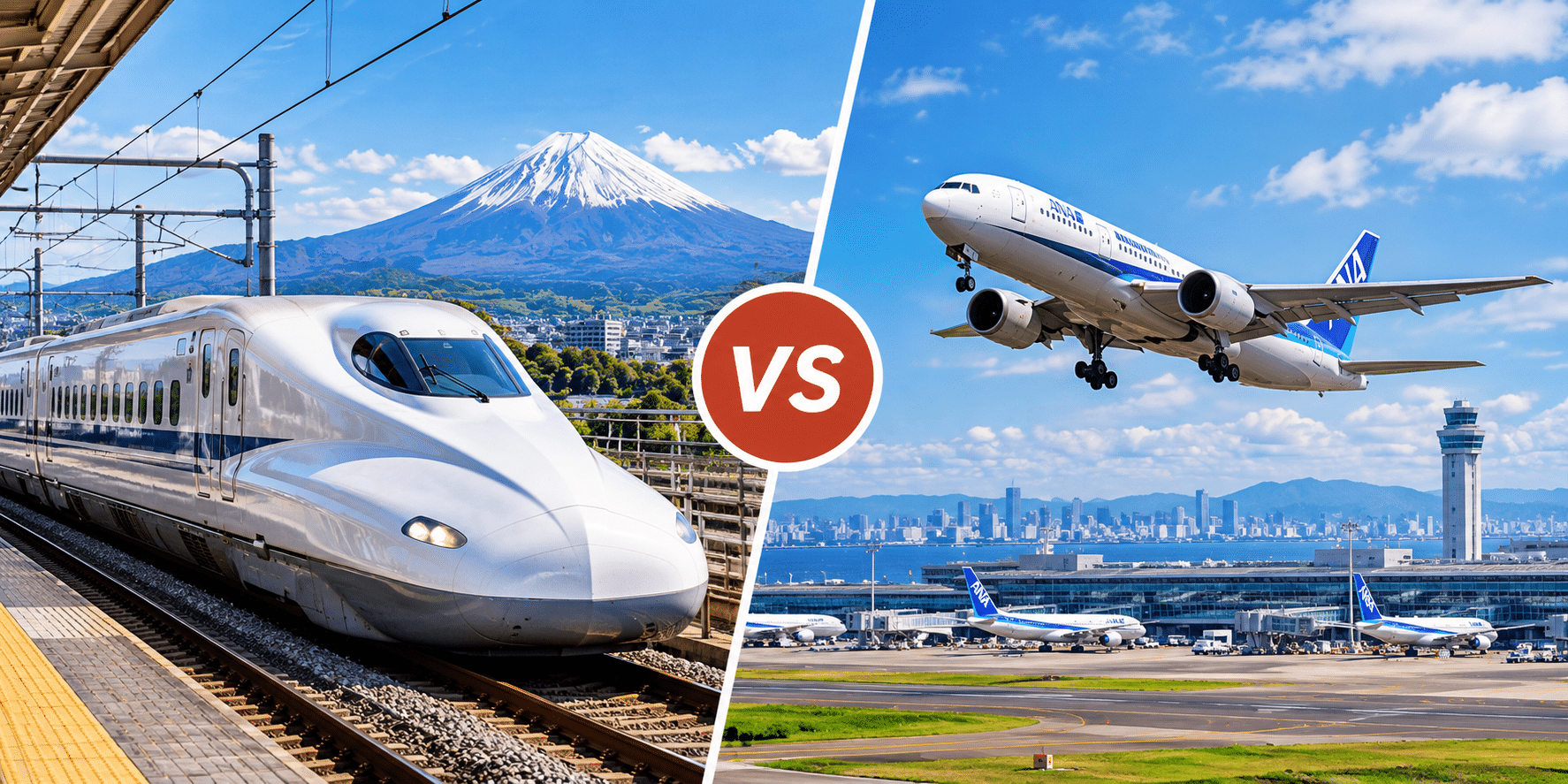 Japan Shinkansen bullet train with Mount Fuji versus an ANA passenger aircraft above a Japanese airport, illustrating train vs domestic flight travel