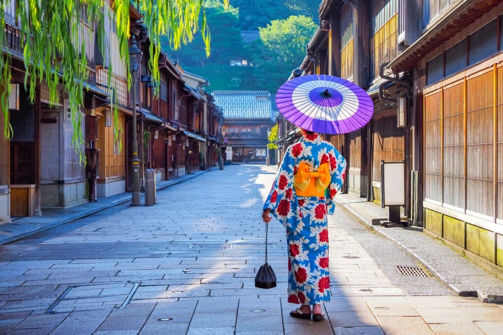 Traditional Japanese street with woman wearing kimono