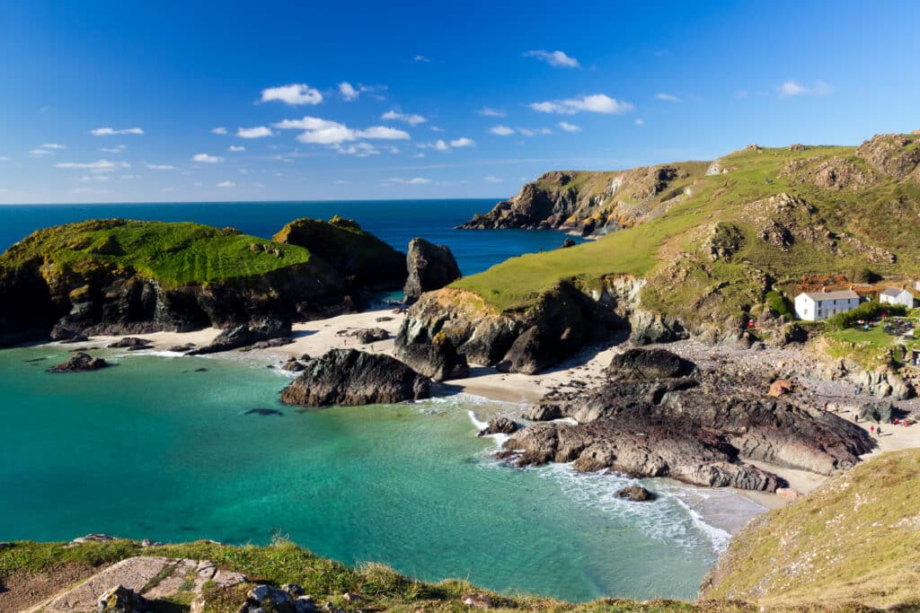 Kynance Cove on the Lizard Peninsula in Cornwall, with turquoise water, sandy beaches and dramatic rock formations