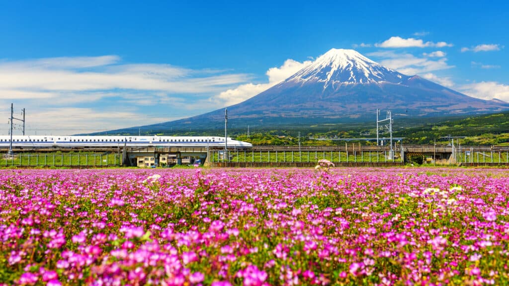 Shinkansen bullet train passing Mount Fuji in Japan