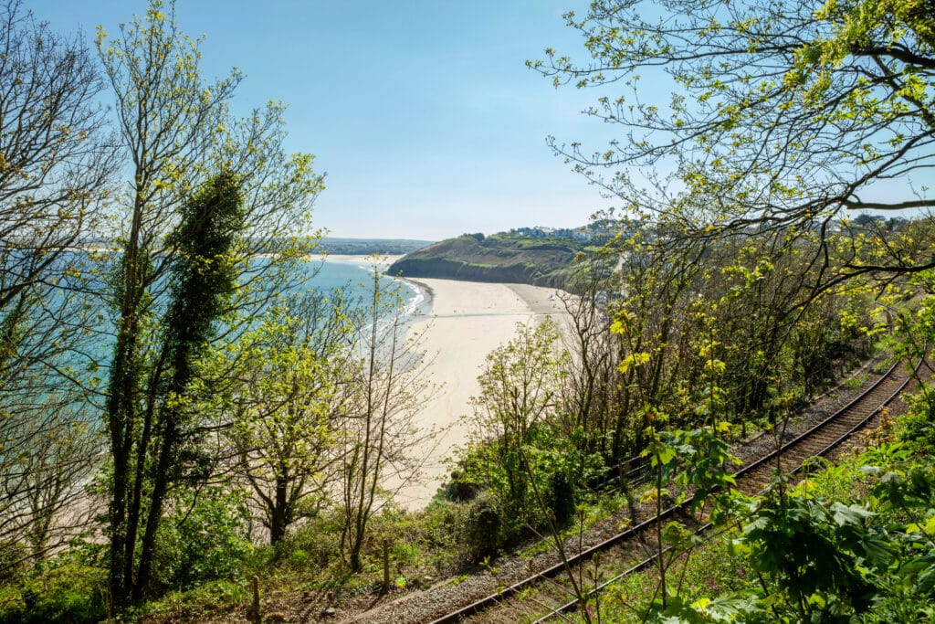 Railway line beside the coast near St Ives in Cornwall