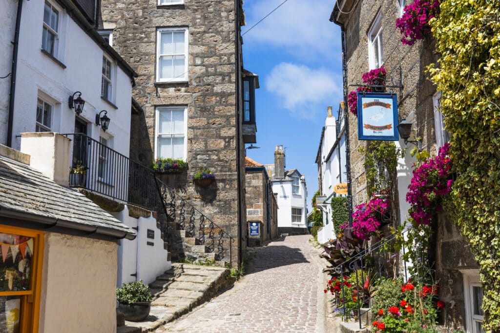 Narrow cobbled street in St Ives, Cornwall