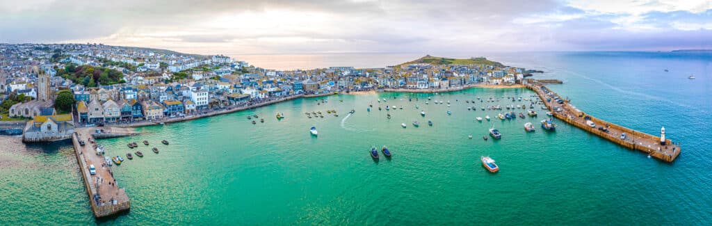 Aerial panorama of St Ives harbour in Cornwall