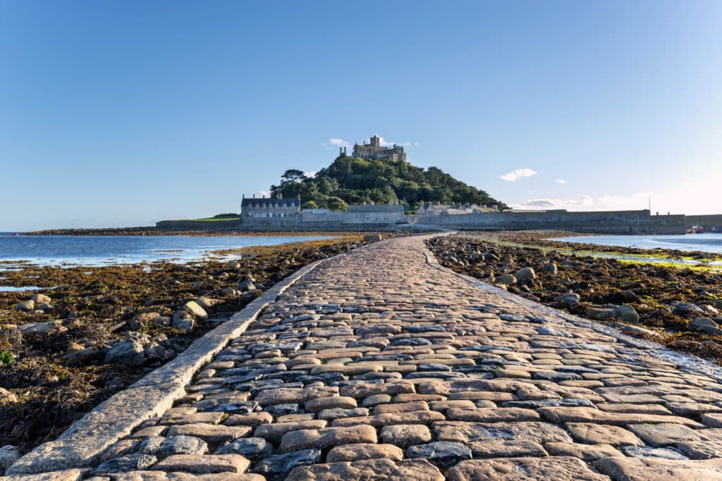 St Michael's Mount and the tidal causeway at Marazion in Cornwall